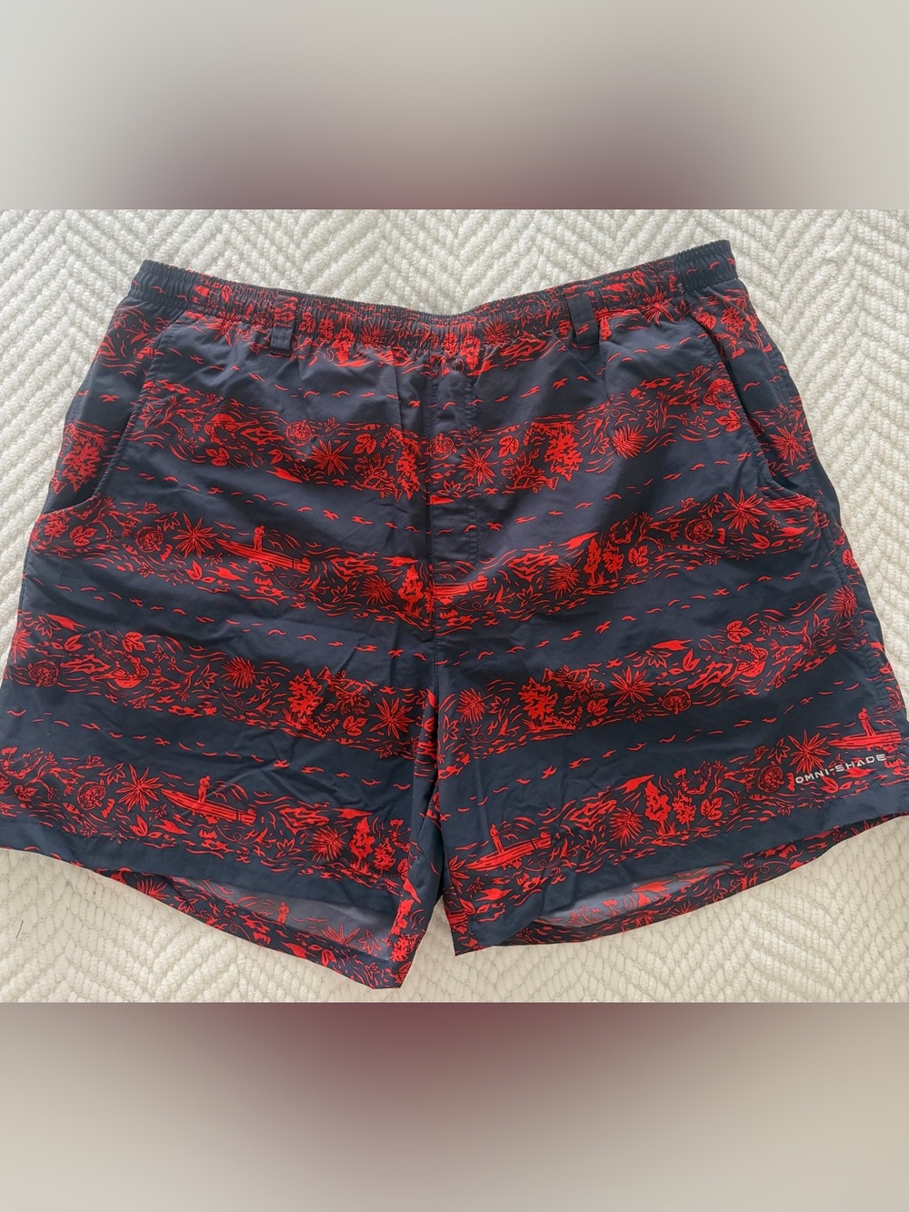 Columbia Men’s Swim Trunks XL Navy Red Tropical Print Beach Shorts Quick Dry